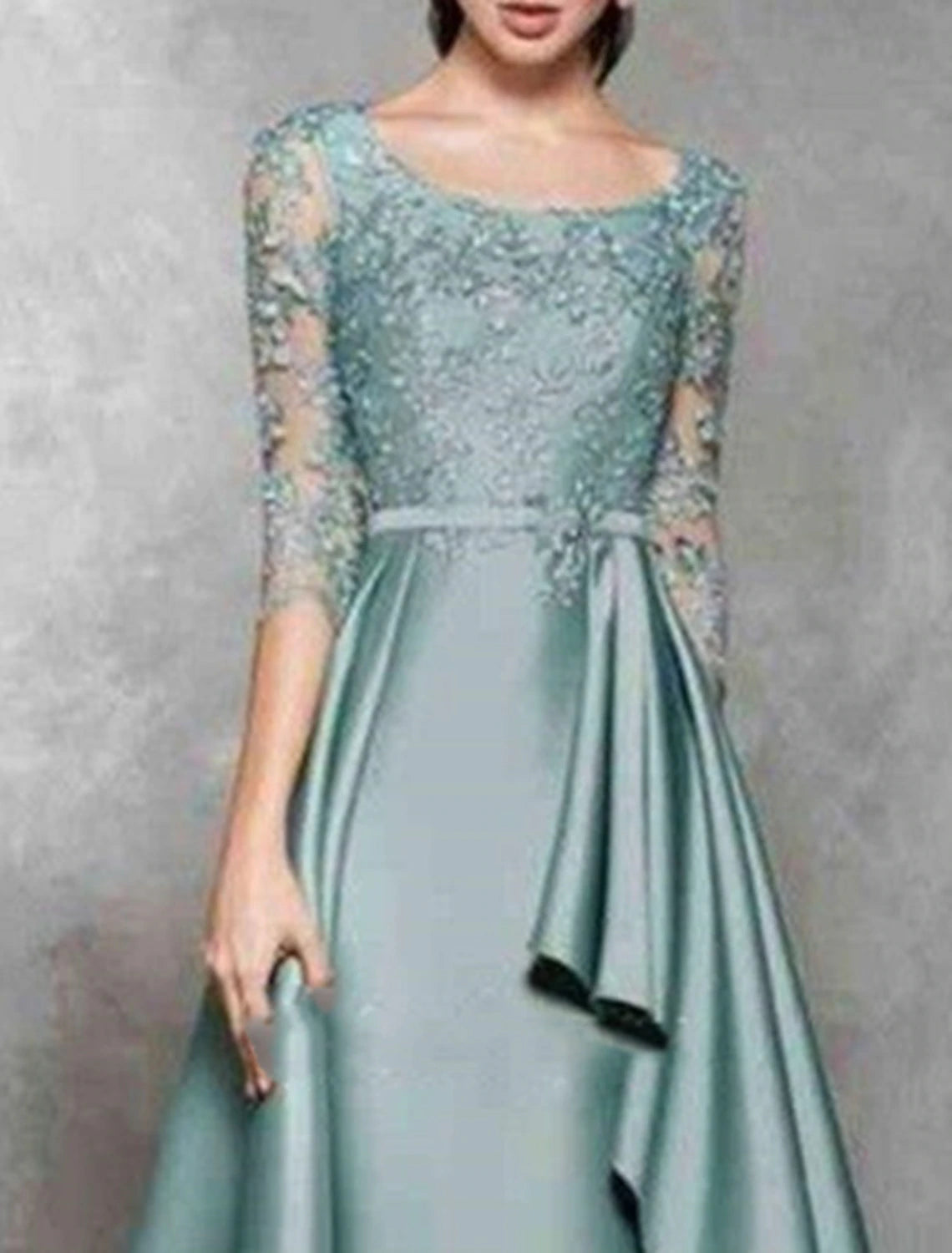 Vestido de Madre de la Novia de Corte A para Invitadas de Boda Elegante Cuello Joya Largo hasta el Suelo Encaje Satén Manga 3/4 No con Faja/Cinta Volantes Apliques